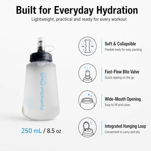 Soft Flask Collapsible Water Bottle, BPA-Free TPU Folding Hydration Flask with Dust Cover for Trail Running, Hiking & Cycling (8.5, Fluid Ounces)