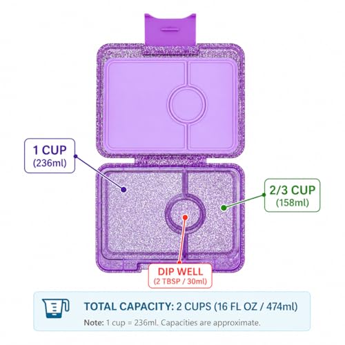 Yumbox Snack Box, 3 Compartments, Leakproof, Princess Purple | Glitter | Removable Compartment Tray | Easy-Open Single Latch | Lightweight & Compact | Perfect for Snacks & Sides - color: Princess Purple Glitter