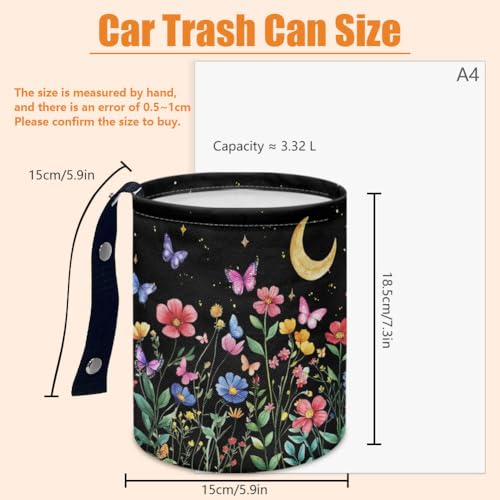 Wildflowers Moon Car Trash Can Butterflies Waterproof Car Garbage Can Car Seat Back Hanging Trash Bag Camping Garbage Bin Storage Bag Collapsible Trash Container for Car 5.9 x 7.3 in - color: Wildflowers butterflies