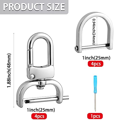 4pcs Detachable Snap Hook Swivel Clasp with 4pcs D-Rings Screw in Shackle for DIY Purse Strap Replacement (Silver,1 inch) - color: Silver, size: 1 inch