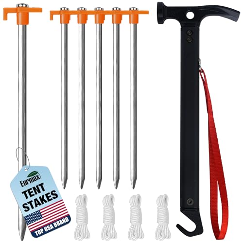 Eurmax USA Hiking Camping Tent Stakes and Hammer Set Lightweight Multi-Function Tent Hammer with Tent Stake Remover,Tent Pegs for Camping, Hiking, Backpacking, Gardening(Orange Stopper Stakes) - color: orange, style: Stakes&Hammer