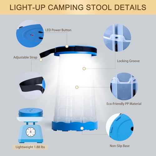 LED Telescoping Camping Stool, Lightweight Collapsible Portable Seat with Built-in Light for Camping, Fishing, BBQ, Hiking & Music Festivals, White Light - color: White