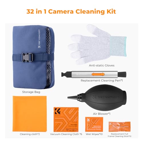 K&F CONCEPT 32-in-1 Pro Camera Cleaning Kit for Professional Photographers | Replaceable Lens Pen, Safe For Devices, Fast Dry Wipes Remove Oil And Streaks, Portable, Multi Tools, Storage Bag, MK05