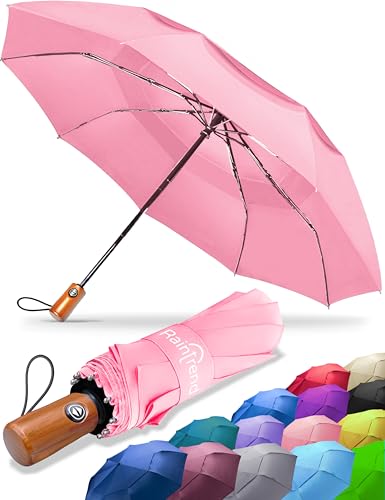Raintrend Windproof Travel Umbrellas for Rain Automatic +10% Bigger Canopy Strong Frame Compact Folding Portable Umbrella for Women Men Backpack Purse - color: F Pink