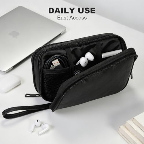 Travel Cable Organizer Bag, Electronic Accessories Leather Pouch, Portable Waterproof Double Layers All-in-One Storage Bag for Cord, Charger, Phone, Earphone (Black, Small)