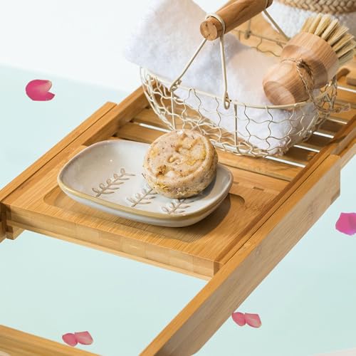 Miamolo Soap Dish Bar Cleaner Dish for Shower, Ceramic Soap Dishes for Large Soap Bar Shampoo or Sponge, Shower Soap Dish Soap Saver Tray for Bathroom Kitchen Sink, Easy to Clean (Pack of 2) - color: Beige, size: Leaf Design (Pack of 2)