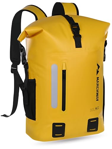 MARCHWAY Roll Top Waterproof Backpack, Floating Dry Bag 20L/30L/45L with Ergonomic Rectangular Base, Cushioned Back, Hip Strap for Hiking Camping Kayaking Travel (Yellow, 45L) - color: Yellow, size: 45L