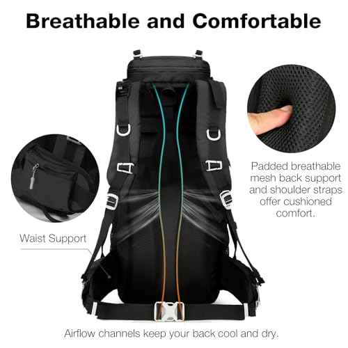 60L Camping Backpack, Large Backpacking Backpack for Hiking, Black | with Rain Cover, Waterproof, for Men & Women, Lightweight, Large & Long, Rucksack Pack for Climbing Touring Travel Camping - color: Black
