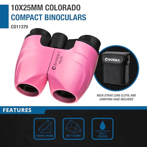 Barska Colorado 10x25 Compact Binoculars – Lightweight Pink Binoculars with BK-7 Porro Prisms, Fully Coated Optics, Center Focus, Ideal for Hiking, Bird Watching & Travel