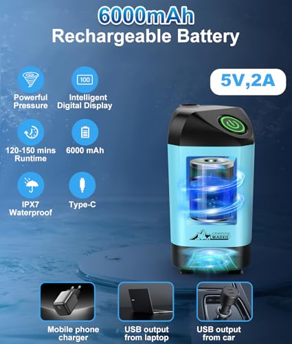 WADEO Portable Shower for Camping, Outdoor Electric Shower Rechargeable Pump with Intelligent Digital Display, Camping Shower Head Nozzle for Camping, Hiking, Traveling, Washing