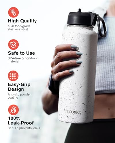 Coolflask 40 oz Water Bottle Insulated with Straw & 3 Leakproof Lids | Water Flask Stainless Steel Triple-Wall Vacuum,Cold 48+h,Dishwasher Safe,Wide Mouth, BPA-Free,Carrier Bag,for Gym,Hiking - color: Arctic White, size: 40 Ounces