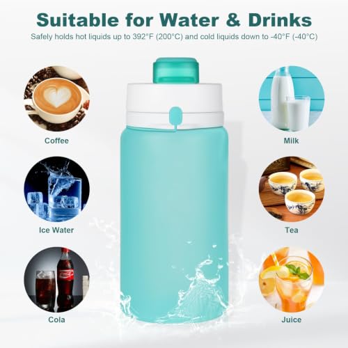 PLTCAT Collapsible Water Bottles, 19oz Foldable Silicone Travel Bottles | BPA-Free Silicone, Leak-Proof Lids, Dishwasher Safe, Carabiner Clips, Compact Roll-Up Design - color: Green