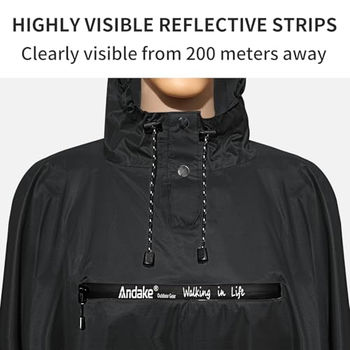 Andake Waterproof Rain Poncho for Adults Unisex,230T Ripstop Polyester,Raincoat Gear with Transparent Viewing Window Outdoors - color: Black