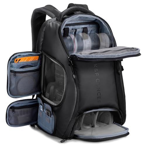 K&F CONCEPT Camera Backpack,25L Large Capacity Camera Bag for Photographers | Raincover, 15.6 Inch Laptop Compartment, Compatible for Canon/Nikon/Sony/DJI Mavic Drone, B10 - color: 02-all-black, size: 25L