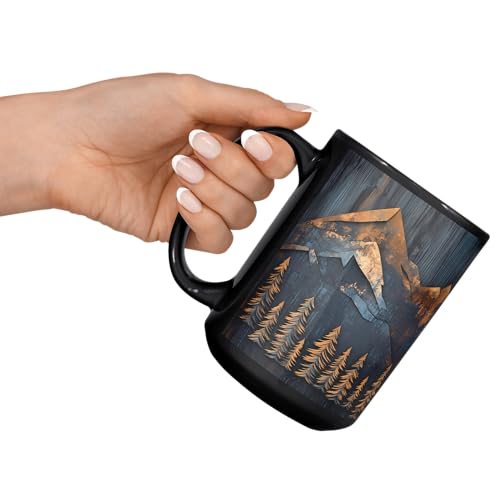 Mountains and Forest Trees Coffee Mug – One Mug, Full Wrap Design (Not Textured) – Outdoorsy Gift for Nature Lovers, Hikers, Campers & Rustic Cabin Decor – 15oz Black Ceramic Cup - size: 15 Ounces