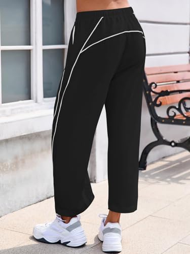 Fisoew Womens Baggy Wide Leg Casual Elastic Waist Cropped Pants - color: Black, size: Small