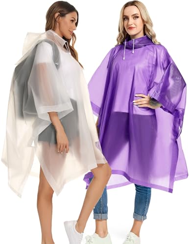 2 Pack Rain Ponchos for Adults Reusable - Raincoats Survival Emergency Heavy Duty Rain Coat with Drawstring Hood - color: White&purple