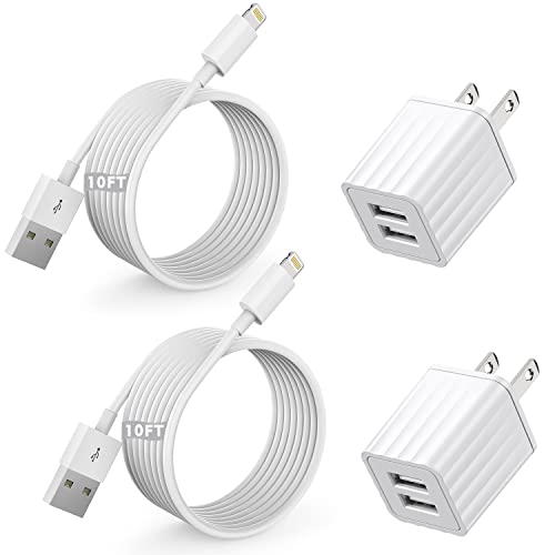 iPhone Fast Charger,Dual Port Wall Charger 2Pack[Apple MFi Certified]10Feet | Fast Charging Extra Long Lightning Cable Cord Double Wall Charger Adapter Block Plugs for i Phone 14 13 12 11 Pro Max XS XR X - color: White 10FT A-L