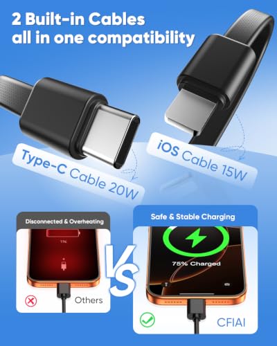 CFIAI Portable Charger 15000mAh Slim Power Bank with Built in Cables | 22.5W Fast Charge, Travel Essential, 50% Larger Capacity USB C Battery Pack for iPhone Samsung Google Android, Black - color: Jet