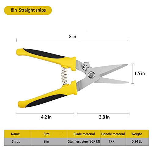 8 Inch Aviation Tin Snips, Heavy Duty Metal Cutter | Stainless Steel Blade, Comfort Grips, Multifunction Cutting of Branches, Cable Wires, Thin Iron, Cardboard - size: 8 Inch Straight Blade