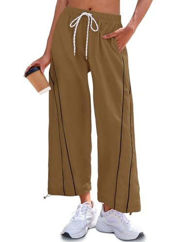 Fisoew Womens Baggy Wide Leg Casual Elastic Waist Cropped Pants - color: Brown, size: XX-Large