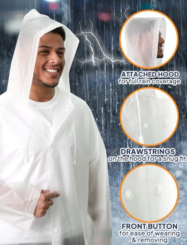 ANYOO 2-Pack Rain Ponchos for Adults Reusable Raincoats with Hooded and Drawstring Emergency for Men Women - color: White