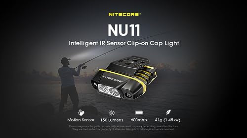 Nitecore NU11 Clip-On Cap Light and Headlamp, 150 Lumen Bright, USB-C Rechargeable, 90 Degree Adjustable for Fishing Camping and Work with Hands-Free Motion Sensor, White and Red LEDs and Sticker