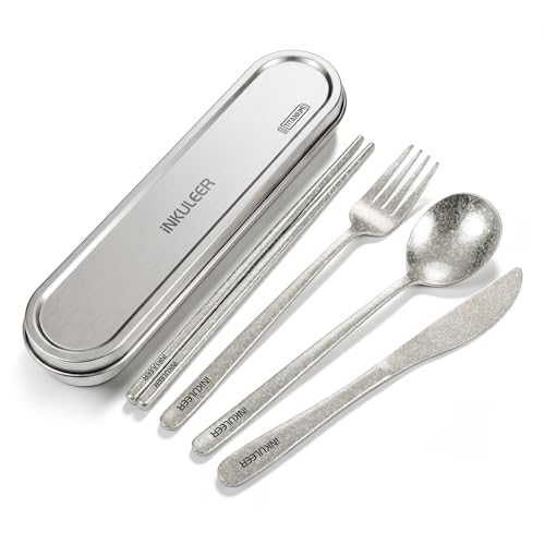 iNKULEER 100% Pure Titanium Travel Cutlery Set | Reusable Utensils with Metal Case | Portable Silverware for Camping, Office, Travel & Outdoor Dining - color: Pure Titanium