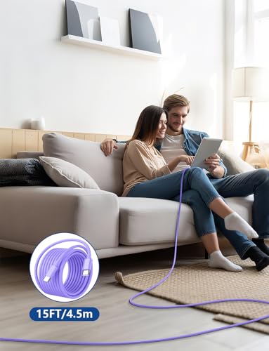 15FT USB C to USB C Cable, Long 60W USBC to USBC Cord Fast Charging | Extra Long Type C to Type C Cable for iPhone 17 16 15 Pro Plus Pro Max,Galaxy S26/S25/S24,iPad Pro/Air,MacBook Pro/Air,Purple - color: Purple, size: 15ft