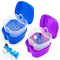 2 Pack Denture Bath Case Dental False Teeth Holder with Brush, Retainer Cleaning Case Denture Bath Cup Storage False Teeth Travel Case with Strainer - Purple and Dark Blue - color: Purple & Dark Blue