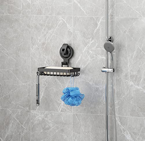 Soap Holder Shower, Suction Cup Soap Dish for Shower with 4 Hooks, 304 Stainless Steel, Black - color: Black