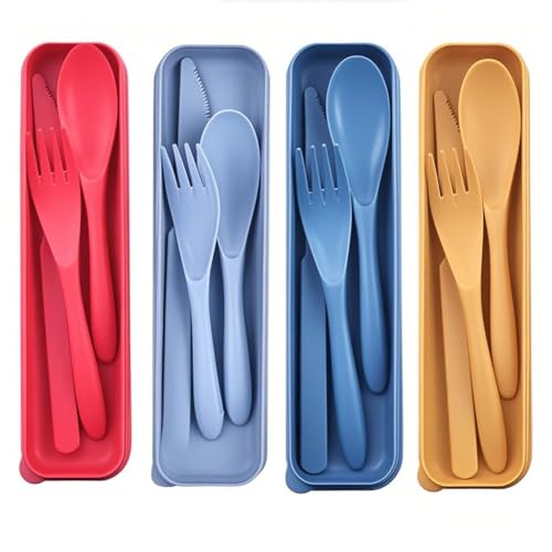 Reusable Portable Knife Fork Spoons Tableware(Yellow, Red, Dark Blue, Blue) - color: Yellow, Red, Midnight Blue, Blue