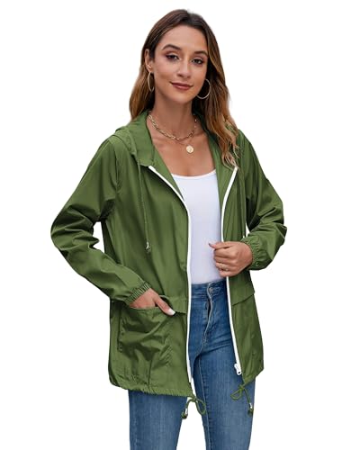 Hount Women Rain Jacket Lightweight Waterproof Packable Raincoat with Hood - color: Army Green, size: X-Large