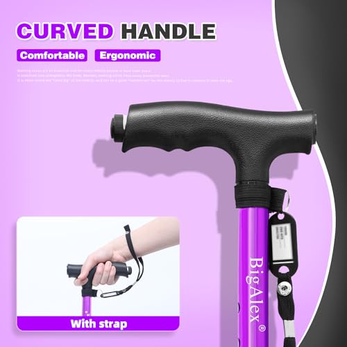BigAlex Folding Walking Cane with LED Light,Pivoting Quad Base,Adjustable Walking Stick with Carrying Bag for Men/Women - color: Purple(4'9"-5'6")