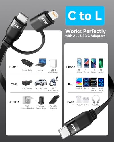 Multi Charging Cable, 2 in 1Retractable Multi Charging Cord | [60W 2Pack 1.2M] , USB C To Lightning/Type C Port Compatible with iPhone 17 16 15/Huawei/Samsung/Pixel/Sony/LG - size: 27W TO 60W:2PACK