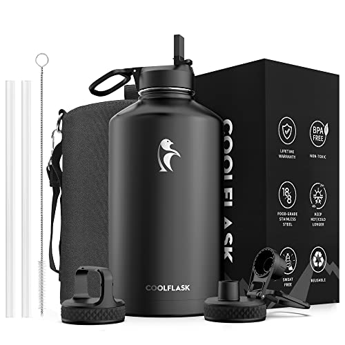 Coolflask 128 oz Gallon Water Bottle Insulated with Straw & 3 Leakproof Lid | Large Water Jug Stainless Steel Triple-Wall, Cold 48+h/Hot 24+h, Dishwasher Safe, BPA-Free, for Outdoor Gym & Hiking - color: Magic Black, size: 128 Ounces