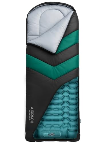Sleeping Bag with Built-in Pad (AirPack Sleeper) - All-in-One Inflatable Sleeping Pad and Zip-Up Blanket for Camping with Built-in Foot Pump (Black/Green) 80"×30" - color: Black