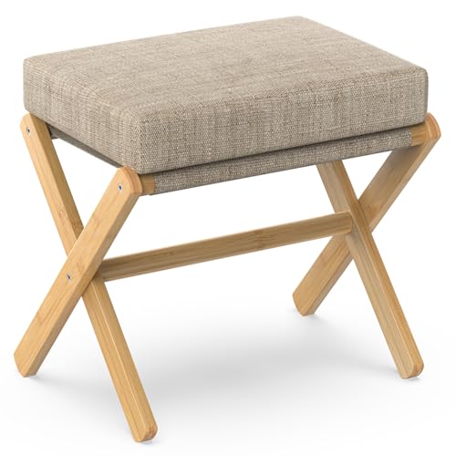 BAMBOOHOMIE Foldable Foot Stool Ottoman, Modern Foot Rest with Bamboo X Legs & Thick Foam Cushion, Folding Foot Stools Small Padded for Bedroom Living Room, Footstool for Chair Couch (Natural - Brown) - color: Natural - Brown