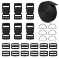 Heavy-Duty Buckle and Strap Set 1“: 6 Yards of Thick nylon webbing, 6-Pack Adjustable Quick Side Release Plastic Buckles, 12 Tri-Glide slide Clips, 6 Metal D-rings, Black (1” Combo kit) - size: 1" x 6 yd