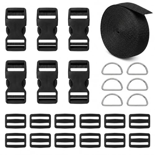 Heavy-Duty Buckle and Strap Set 1“: 6 Yards of Thick nylon webbing, 6-Pack Adjustable Quick Side Release Plastic Buckles, 12 Tri-Glide slide Clips, 6 Metal D-rings, Black (1” Combo kit) - size: 1" x 6 yd