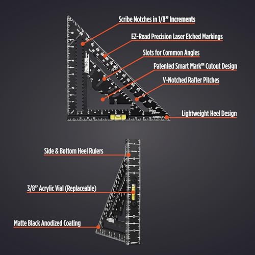 Johnson Level & Tool 1904-0700V 7-1/4" Johnny Square® MACH-1™ Smart Mark™ Rafter Square with Level Vial, Black - size: 7-1/4-inch, style: MACH-1 with Level Vial