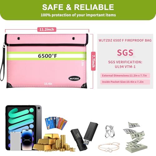 Upgraded Fireproof Money Bag,10 Layers of Heat Insulated Materials,6500F Fireproof,Waterproof Zipper,Reflective Strip,Document Bag with Handle for Cash,Important Documents（Not Suitable for A4 Files） - color: Pink, size: Medium Size