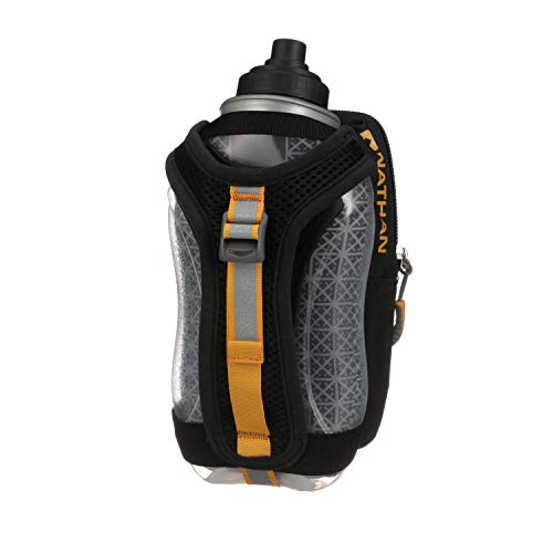 Nathan SpeedView Insulated Handheld Running Water Bottle Flask 18oz – Double-Wall Insulation, Ergonomic Grip, Blast Valve Cap, Phone & Key Storage Pockets, Reflective Design - color: 18oz Flask Clearview - Black