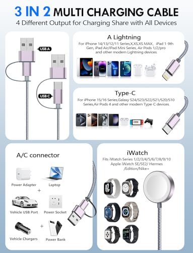 1Pack Travel Essentials for Apple Watch Charger,3-in-2 Multi Charging Cable | Cruise Vacation Camping Essentials for iPhone Charger,Type C/Lightning for iWatch,iPhone 17-12,Xbox Series X&S-5FT Gray - color: Gray, size: 1Pack-5 FT