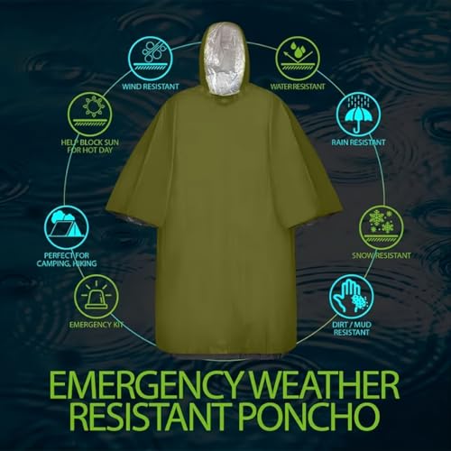 Emergency Poncho with Mylar Blanket Liner for Survival Gear, Waterproof, Wind-Resistant Green Rain Poncho for Outdoors, Camping, and Car Emergency Kits - Thermal Poncho- 4 Pack