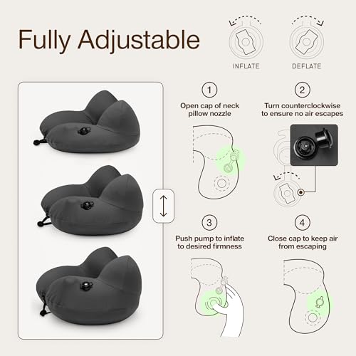 Coop Home Goods AirJustable Travel Neck Pillow, Inflatable, Adjustable Support for Neck & Chin, Compact, Soft Memory Foam Comfort, Airplane Travel Essentials, Cooling & Washable Cover