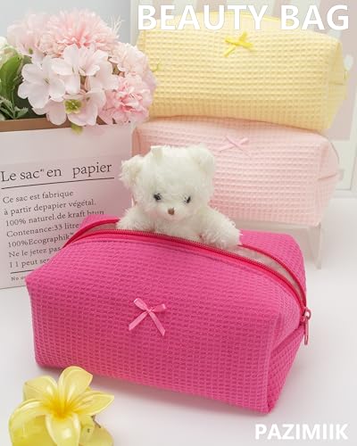 Cozy Makeup Bag for Women,Zipper Cosmetic Pouch,Waffle Hotpink,2 Pack - color: Waffle Hotpink