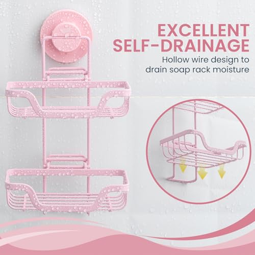 TAILI Soap Holder, Soap Dish Suction Cup with Hooks,Stainless Steel,2 Layer | Soap Dish for Shower, Bathroom Bar soap holder Shower Wall, Stainless Steel Sponge Holder for Tub Kitchen, Pink - color: Pink