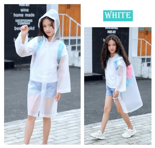 Raincoat Rain Poncho for Kids, 2-5 Pack Reusable EVA Rain Coats for 6-14 Boys Girls, Rain Jackets Gear with Hood - color: White X2