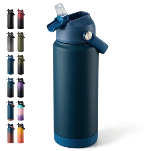 Fijinhom 24 oz Insulated Water Bottle with Straw Lid, Stainless Steel Water Bottles, Double Wall Vacuum, Portable Handle & Non-slip Bottom, BPA Free Leak Proof Metal Bottles, Keep Cold 24H, Dark Blue - color: Dark Blue, size: 24 Ounces